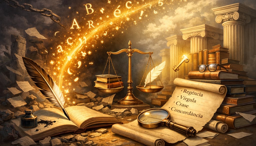 Ilustração realista representando domínio técnico da escrita: pena produzindo letras e sinais gráfic