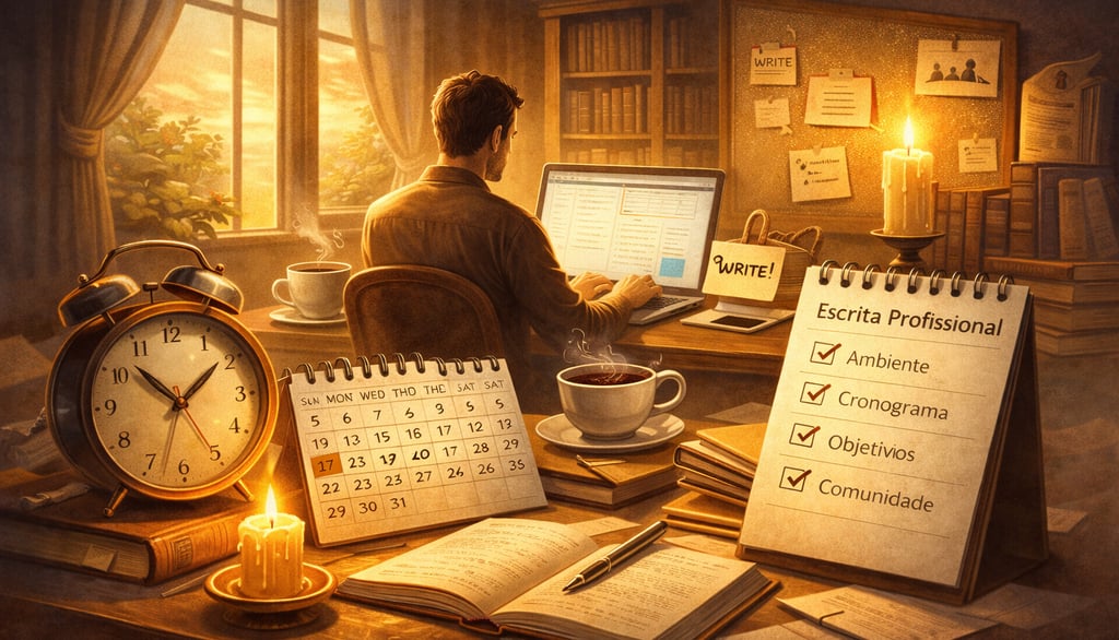 Rotina de escrita profissional — escritor digitando no computador em ambiente planejado com calendár