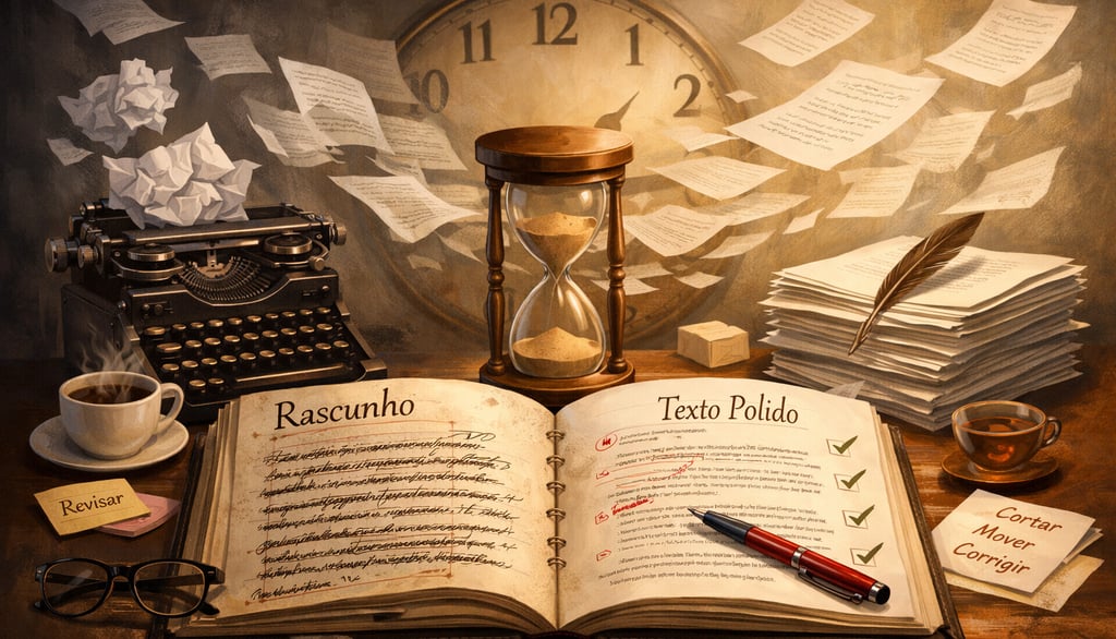 Ilustração do processo de revisão de textos, mostrando rascunhos com correções, manuscrito editado,