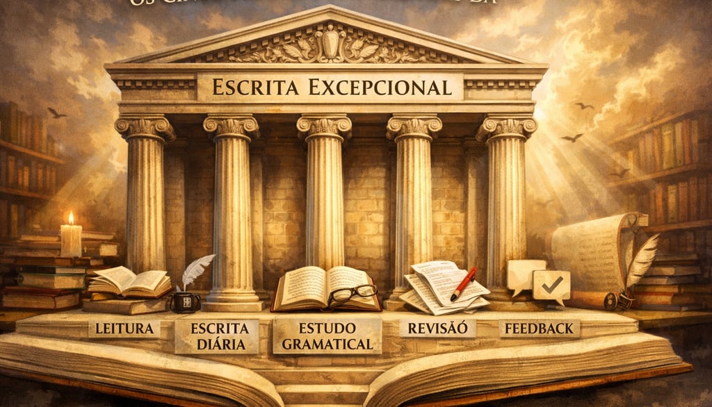 Ilustração dos cinco pilares fundamentais da escrita excepcional: leitura regular, escrita diária, e