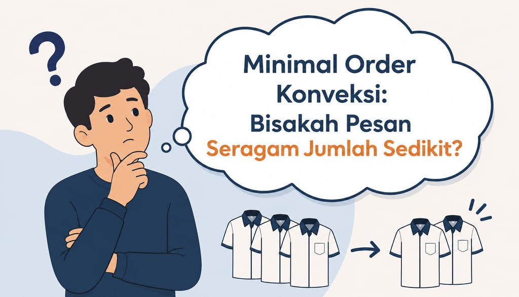 Illustration of a person thinking about minimal order konveksi for custom uniform shirt production.