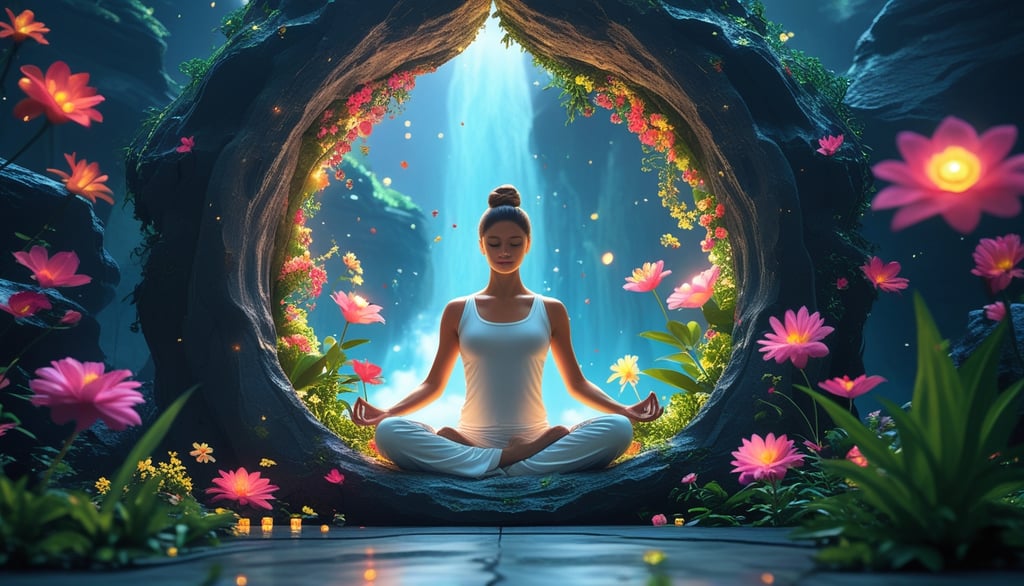 pessoa sentada em posição de meditação dentro de uma cabeça aberta, que se transforma em um jardim