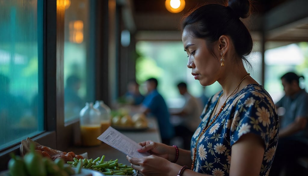a woman in a blue dress is looking at a menu