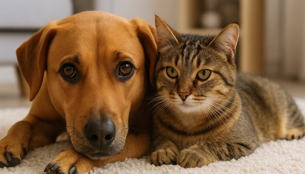 Um cachorro de pelagem dourado-avermelhada e um gato malhado estão deitados lado a lado sobre um tap