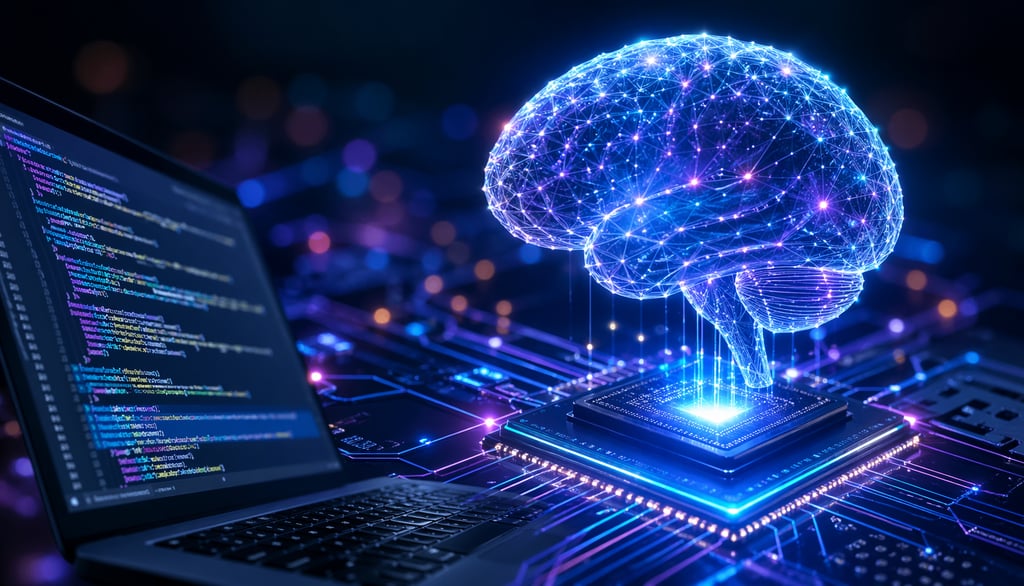 Cérebro digital brilhante formado por conexões luminosas flutuando sobre um chip em uma placa eletrô