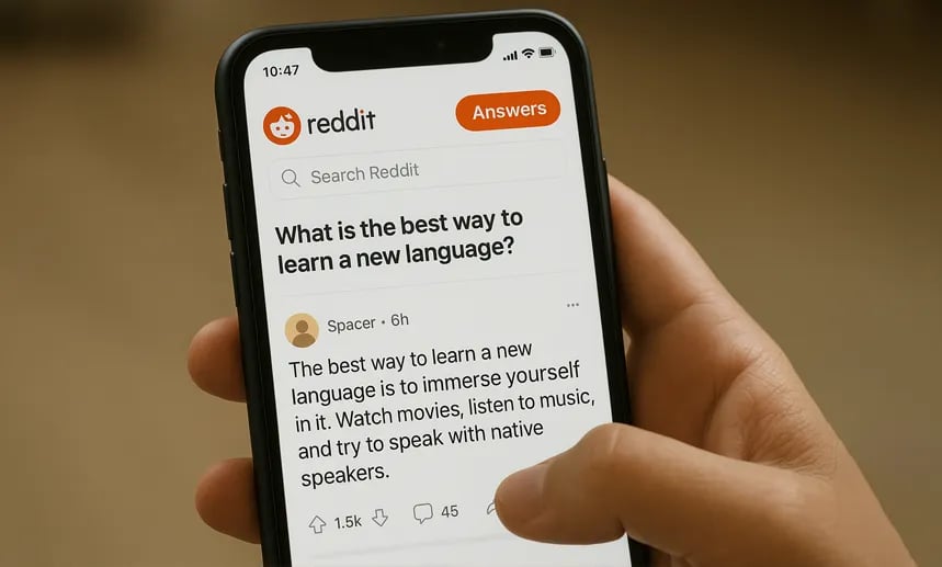 Pessoa usando smartphone com aplicativo Reddit Answers aberto.