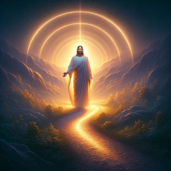 Jesus standing on a path, radiating a warm, illuminating light