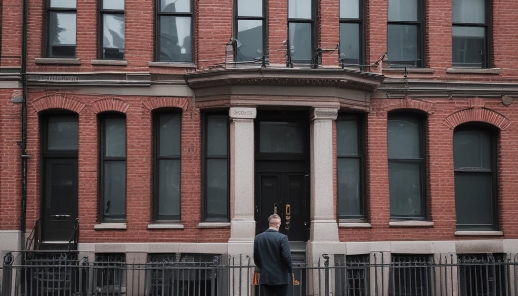 a man standing on a sidewalk in front of a building in boston