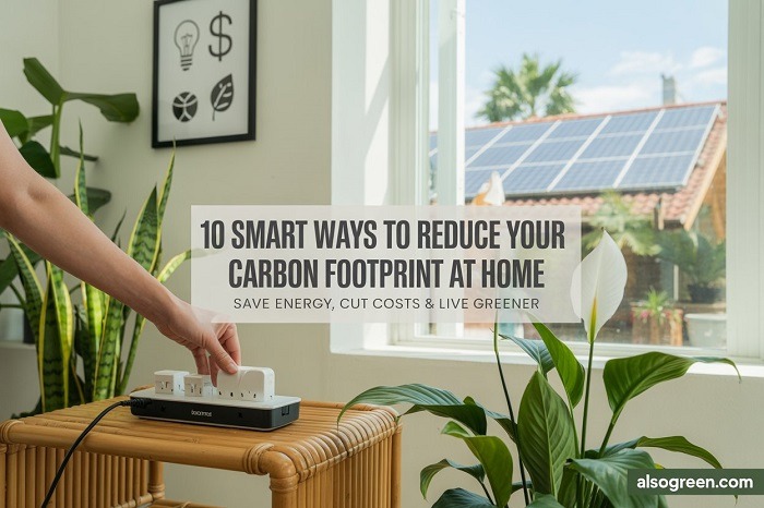 Eco-friendly home interior featuring indoor plants, bamboo furniture, energy-efficient appliances, a