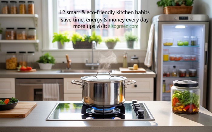 Eco-friendly modern kitchen showing organized glass jars, compost bin, energy-saving cooking habits.