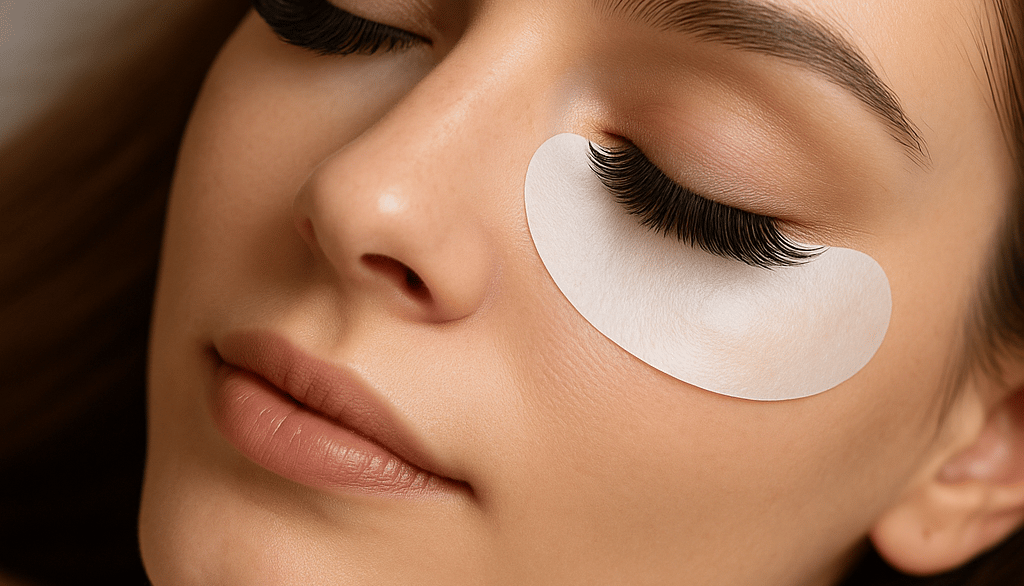 Mulher de pele clara e feições suaves com os olhos fechados, exibindo extensão de cílios perfeitamente aplicados na técnica f