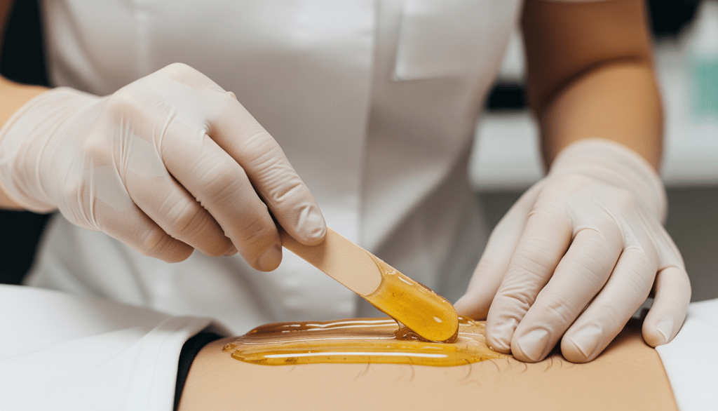 Profissional aplicando cera para depilação íntima em ambiente discreto no We Hall Beauty em Bauru.