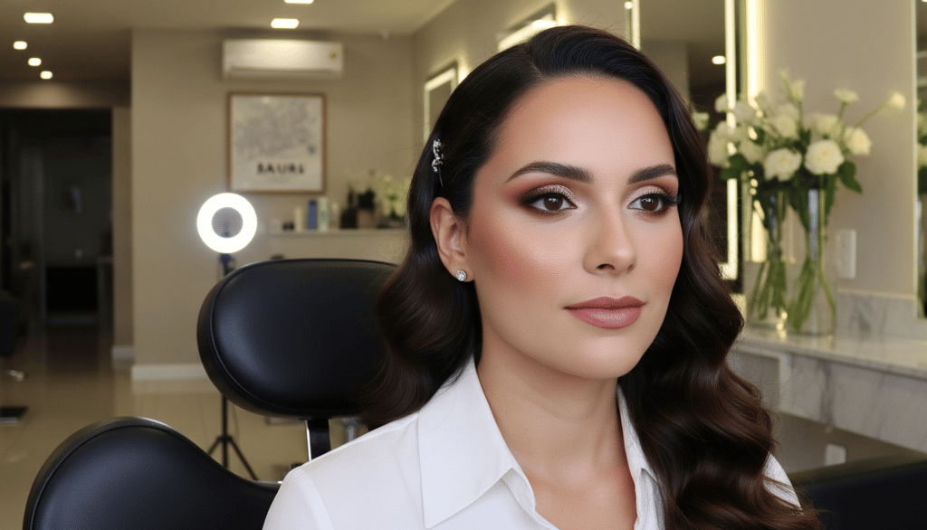 Mulher com maquiagem natural, radiante, em um salão de beleza premium em Bauru.