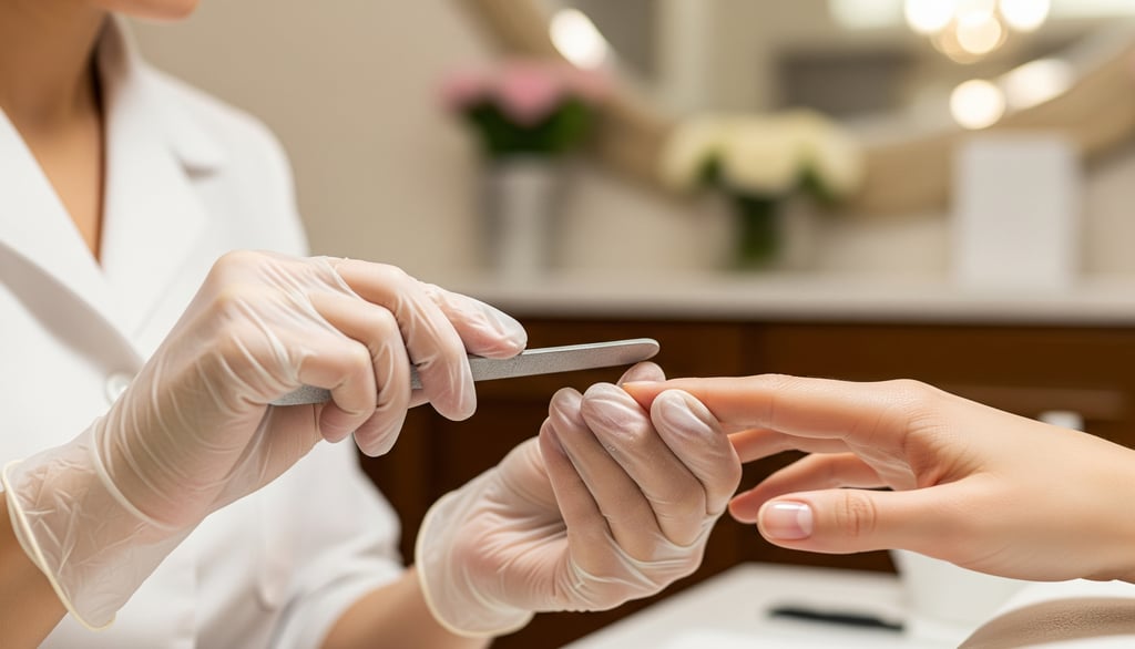Manicure profissional aplicando esmalte em cliente em um salão de beleza premium em Bauru.