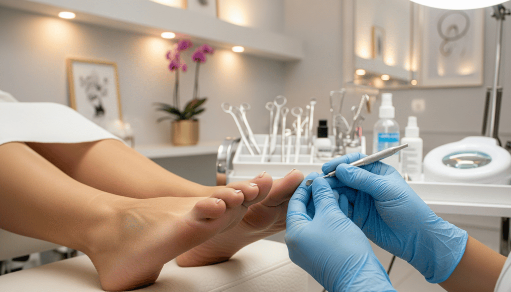 Podóloga profissional cuidando dos pés de uma cliente em um salão de beleza premium em Bauru.