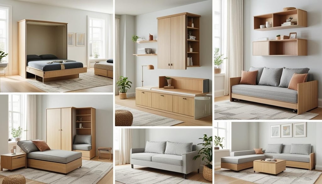 a collage of a living room with a couch and a bed space saving furniture