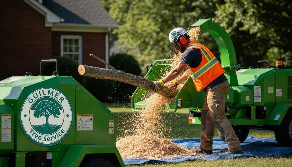 Brush chipping in Falls Church, VA with wood chipping, yard waste removal, and on‑site mulching by Guilmer Tree Services.