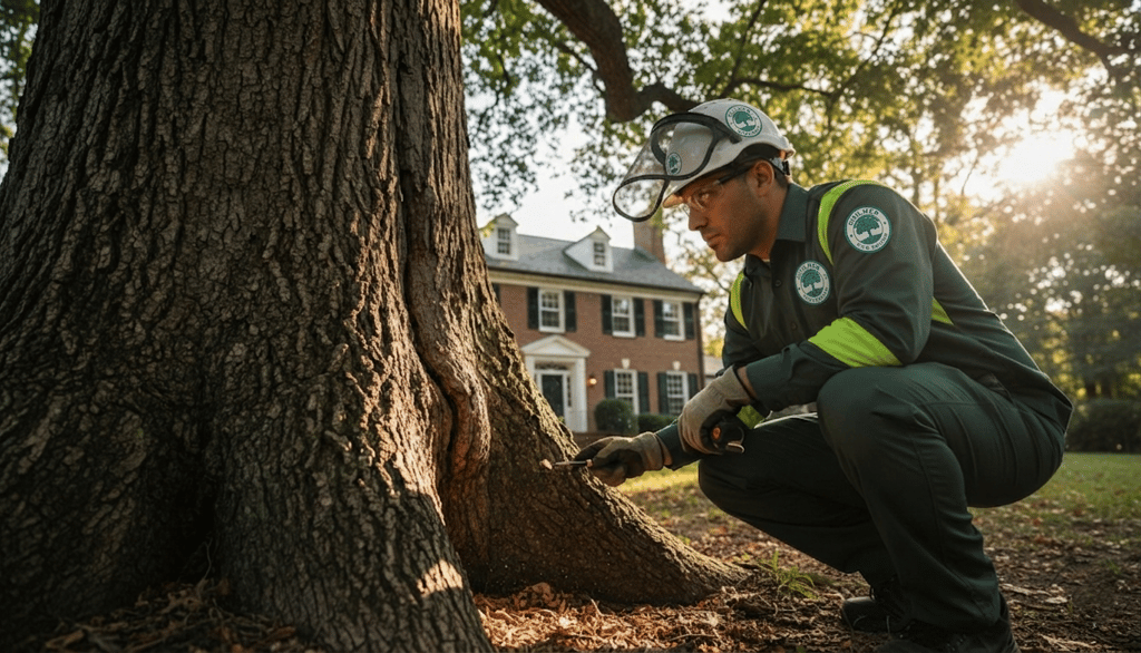 Hazardous tree assessment in Virginia with arborists checking storm damage, tree‑risk, and safety for homeowners.