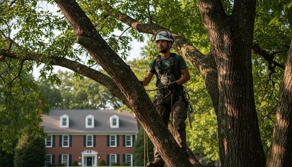 Arborist trimming a tree in Falls Church, VA, showing professional pruning and local tree‑care service costs.