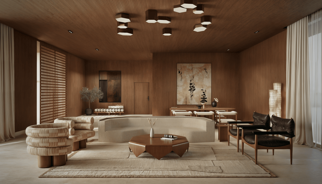 A living room with wood walls and ceiling, a curved beige sofa, and patterned armchairs