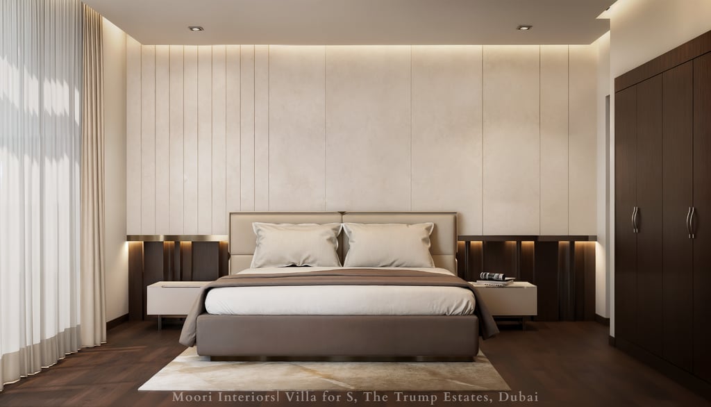 Elegant bedroom with upholstered bed, modern wall paneling, and integrated lighting.