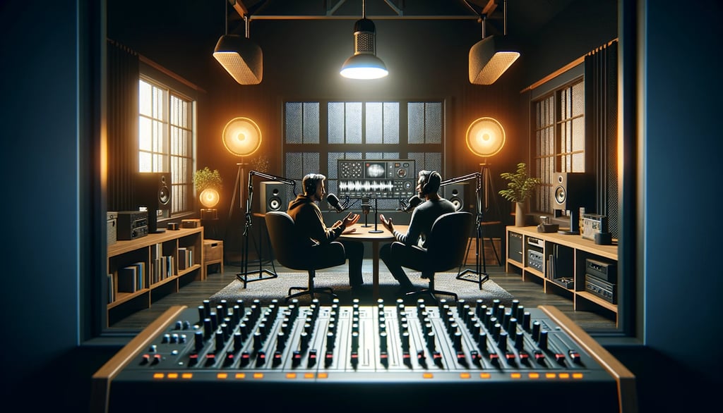 a couple of people sitting at a sound board