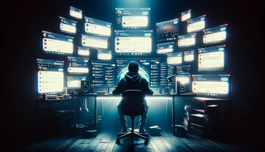 a person sitting at a desk with a computer monitor and a chair
