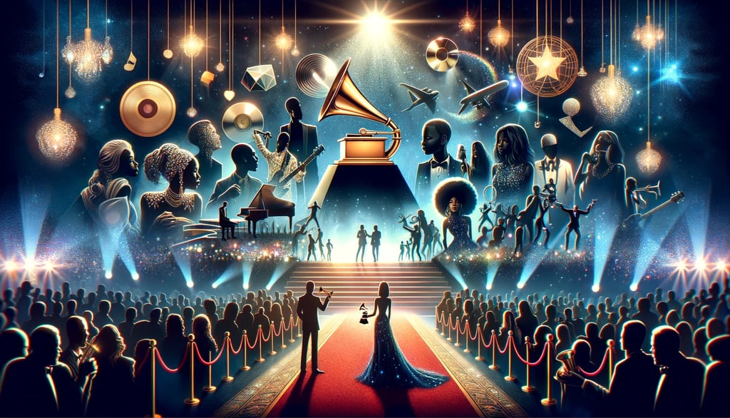 captivating scene celebrating the essence of the 2024 Grammy Awards, featuring symbolic elements suc