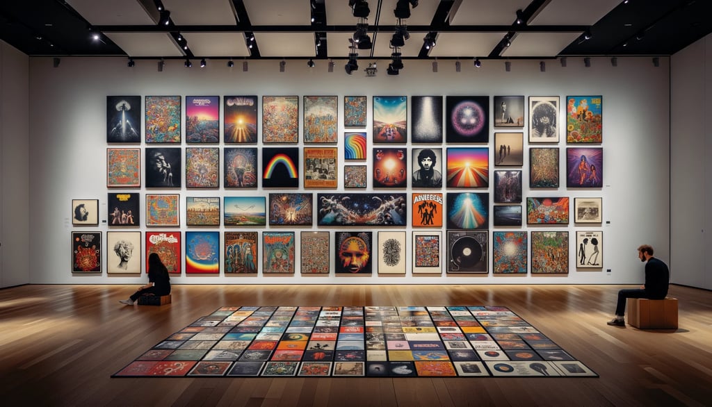 a man sitting on a rug in a room with a large wall of art