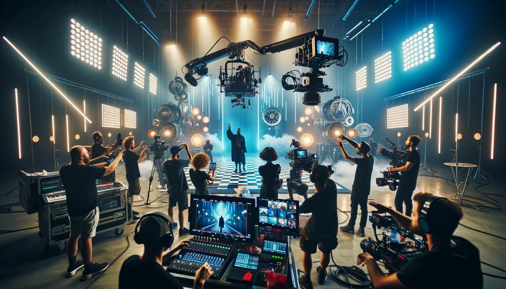 a group of people standing around a stage video cameras