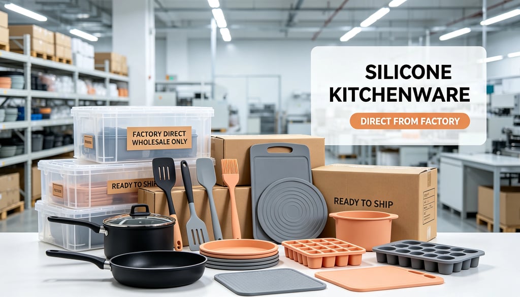 Modern warehouse with Morandi silicone kitchenware, export cartons, factory-direct ready stock for overseas wholesalers.
