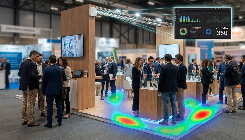 Stand de feria con mapa de calor de visitantes y dashboard de analítica de afluencia en tiempo real.