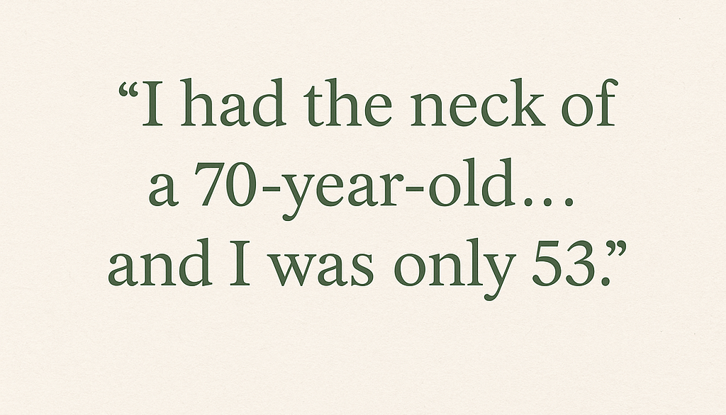 Beige quote graphic showing an osteoporosis diagnosis that inspired a midlife health journey.