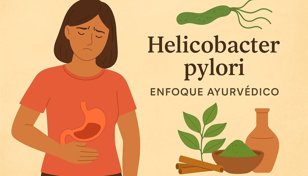 lustración digital en estilo plano que representa el enfoque ayurvédico del tratamiento de la bacteria Helicobacter pylori, c