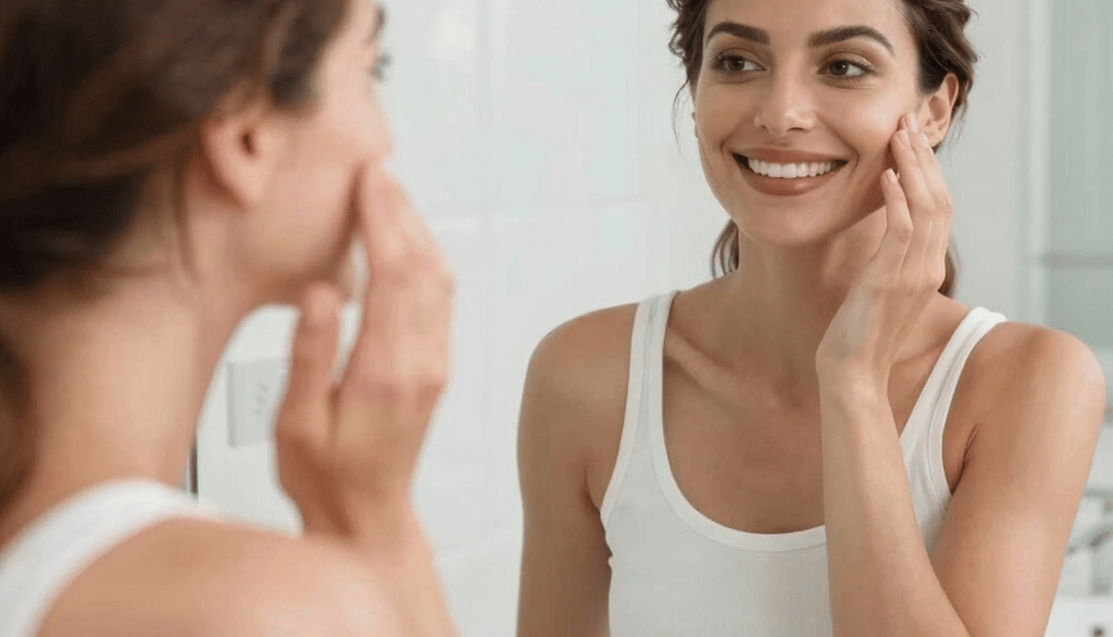 Smiling woman touching her clear skin while looking in a bathroom mirror for a skincare routine.