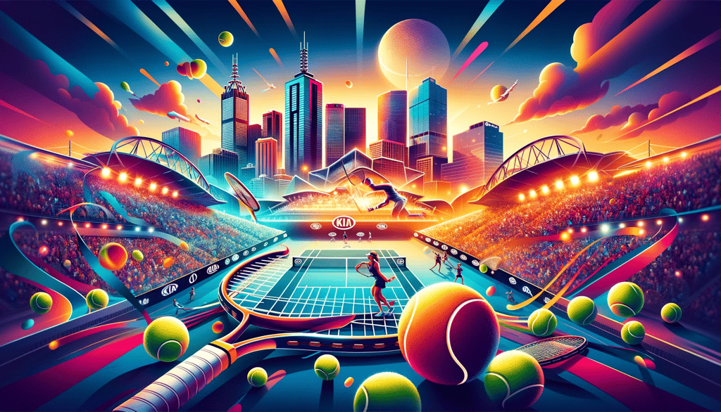 Australian Open 2025 excitement - Tennis rackets and Melbourne skyline, symbolizing the grandeur of 
