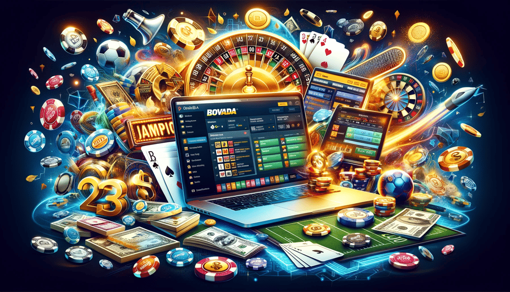Dynamic collage showcasing the excitement of online betting, with vibrant imagery of casino chips