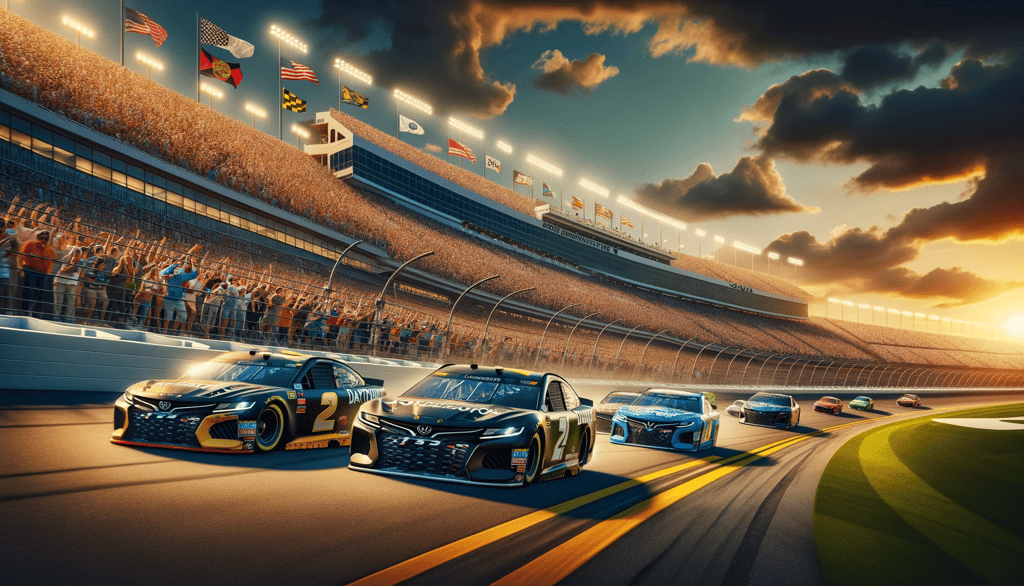 Daytona 500 2024 race cars speeding on the Daytona International Speedway with excited fans.