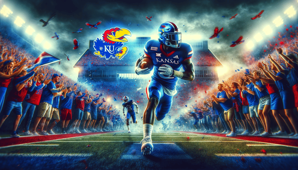 Kansas Jayhawks football player in action, with fervent fans in the background
