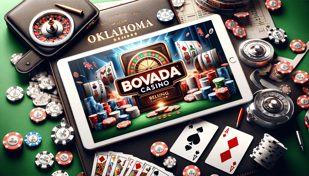 Luxurious casino essentials with Bovada logo and Oklahoma-inspired backdrop.