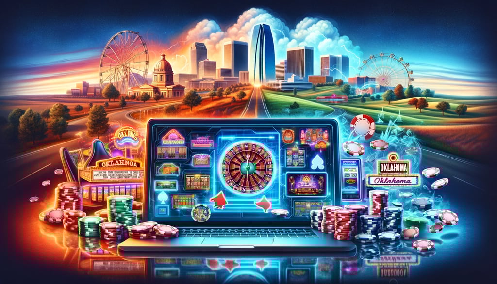 Online and traditional casino elements merged in an Oklahoma backdrop.