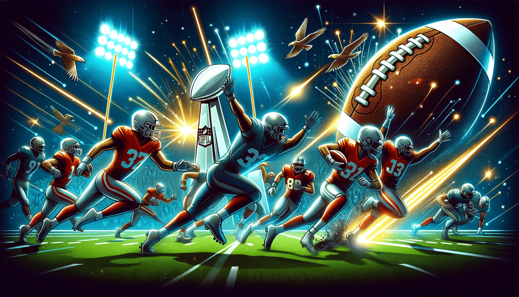 Intense football game moment, players in action.