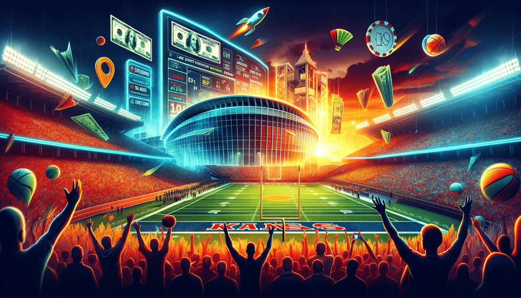 Vibrant Kansas stadium and betting interface scene.