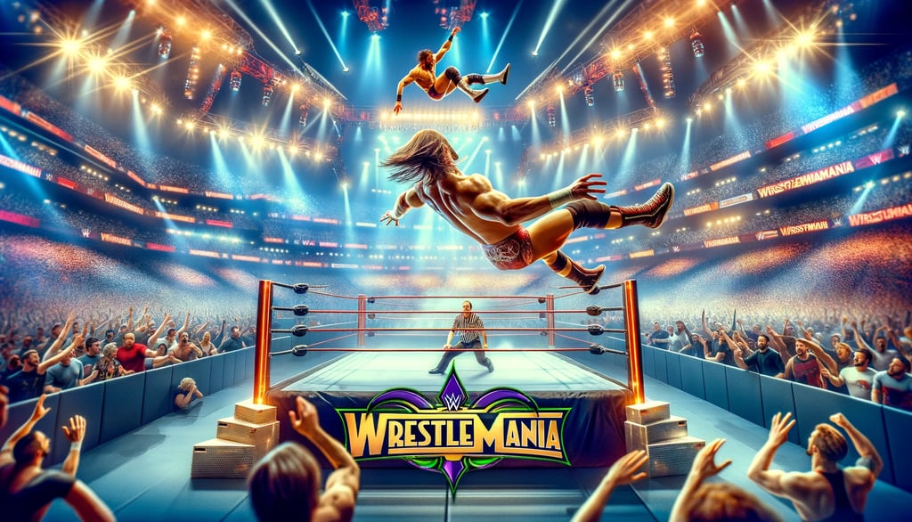 High-flying action at WrestleMania with wrestlers executing dramatic moves in the ring.