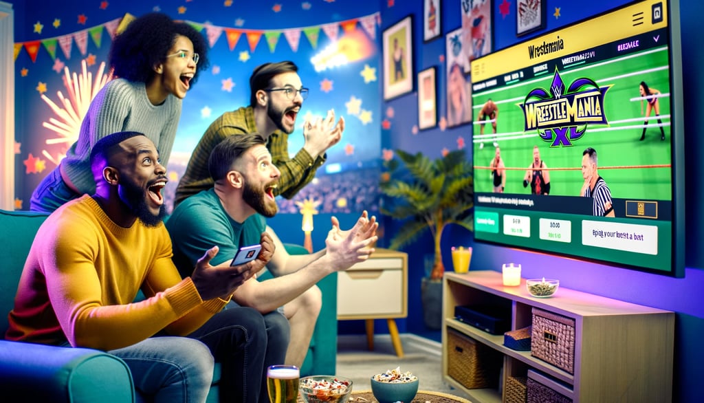 Friends gathered in a living room, watching WrestleMania on TV with excitement.