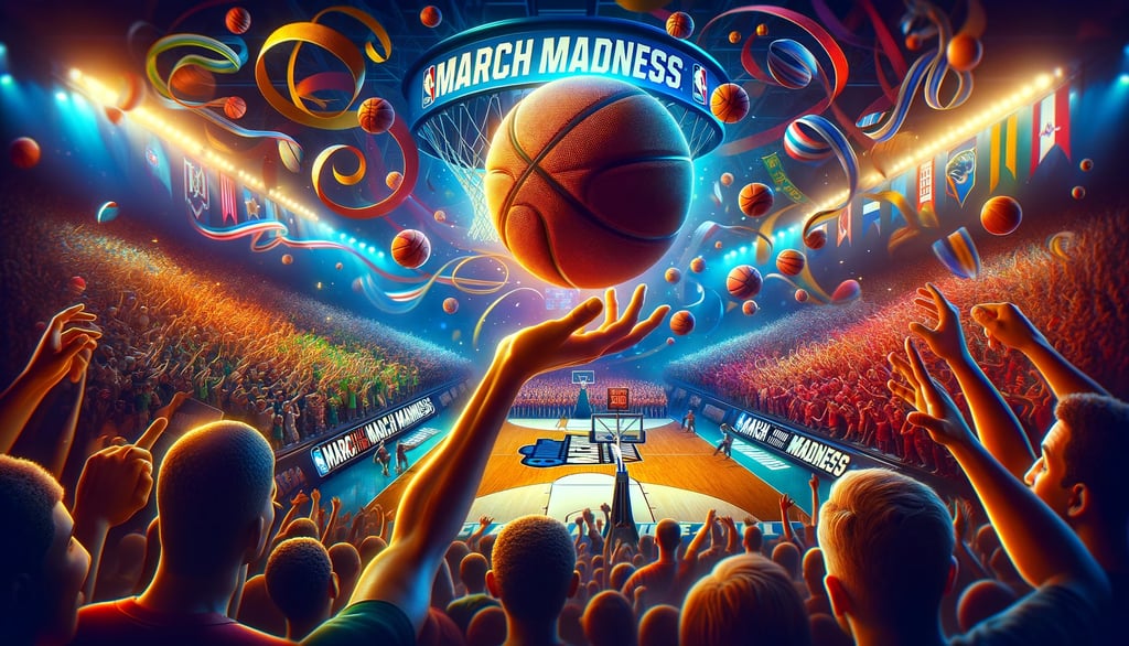 A dynamic scene capturing the 2024 NCAA Basketball March Madness excitement