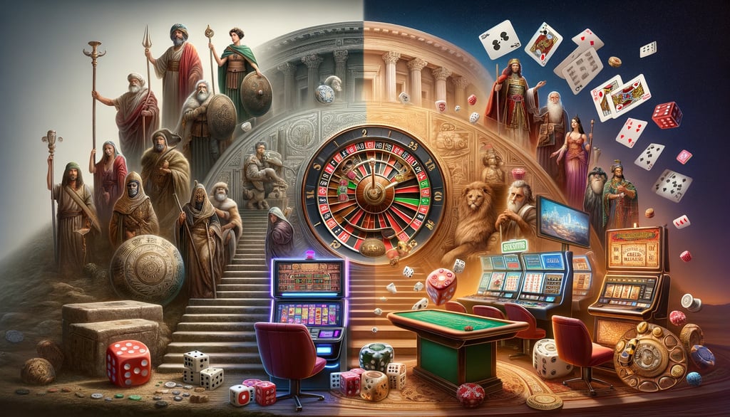 Evolution of gambling from ancient dice to online casinos.