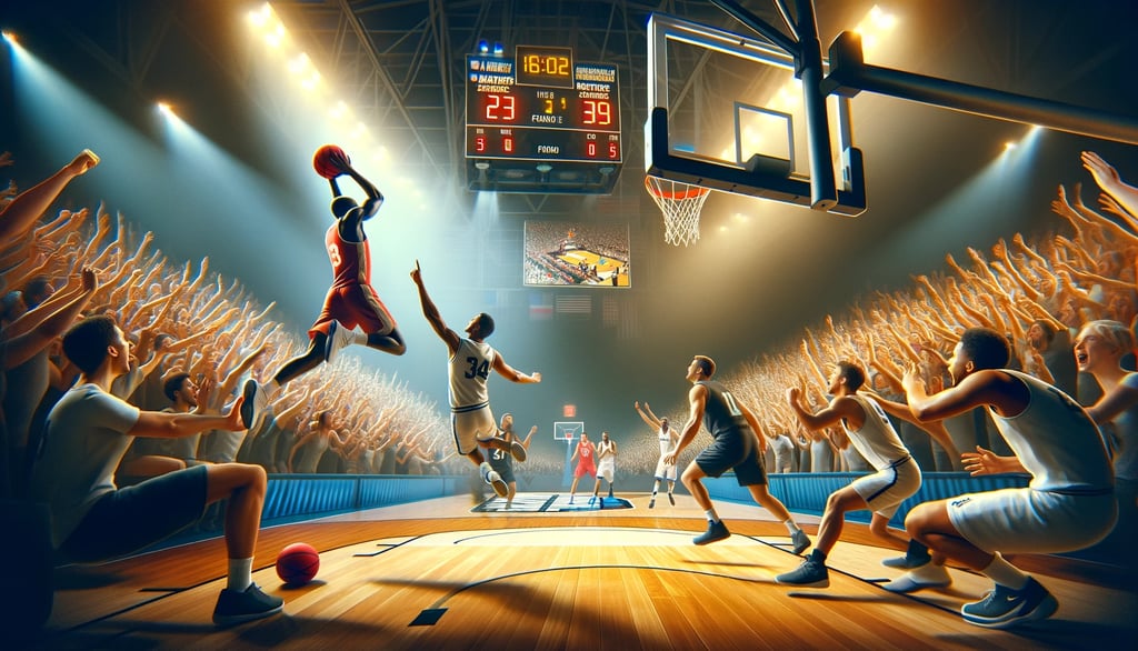Realistic image capturing a pivotal NCAA March Madness moment with a basketball player in mid-air