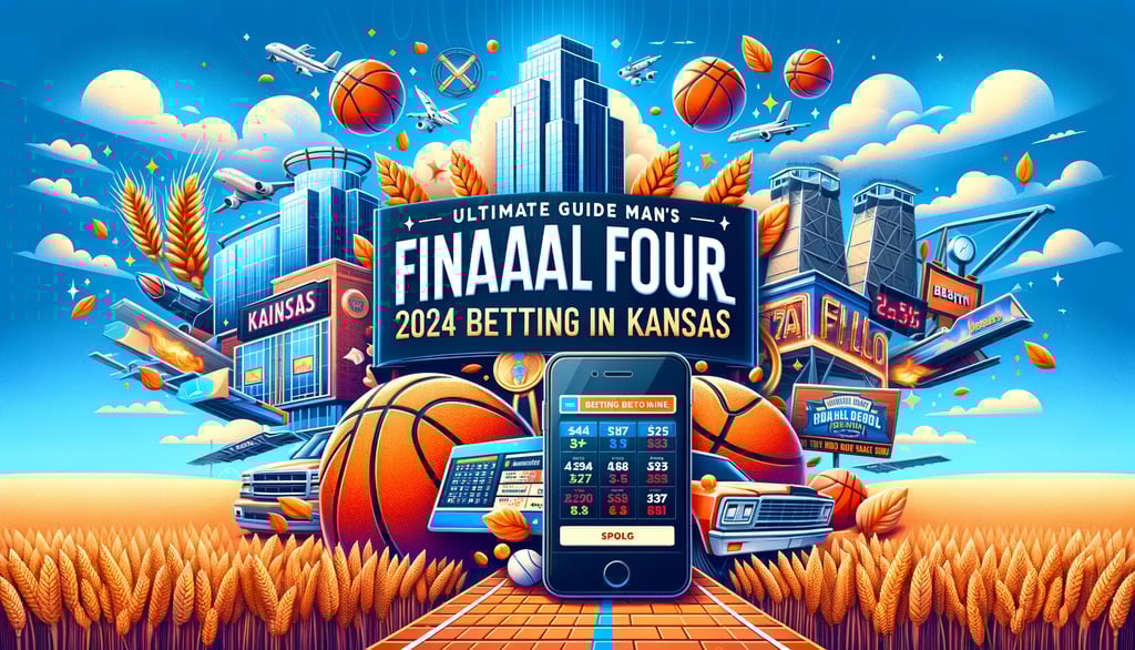 NCAA Men's Final Four 2024 betting guide in Kansas, featuring basketballs, a smartphone with betting