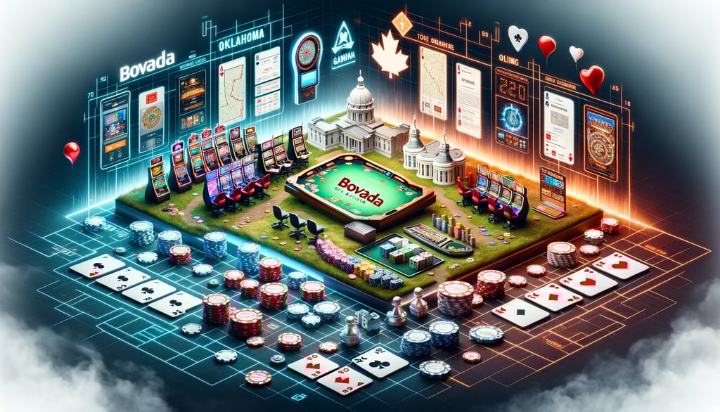 Visual guide for Bovada gaming in Oklahoma in a 16:9 aspect ratio, featuring a strategic board game
